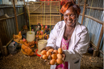 Smiling woman in chicken coop holding eggs