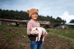 Vilma holds one of the piglets from her family’s farm in Guatemala.